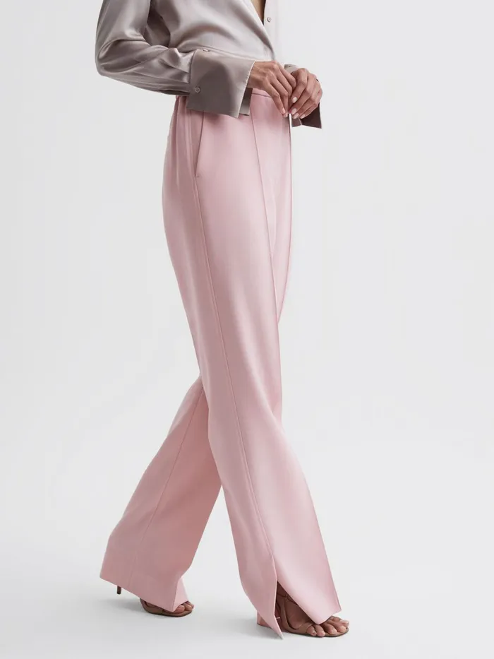 Women Marina Wide Leg Split Hem Trousers Pink Reiss Trousers