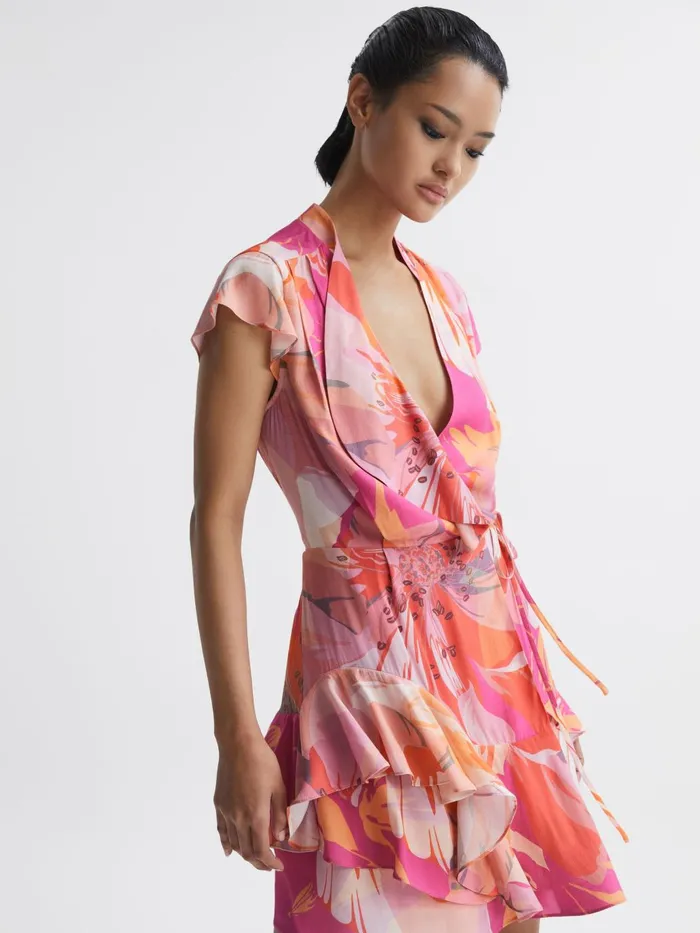Women Marseille Tropical Print Layered Mini Dress Pinkcoral Reiss Dresses