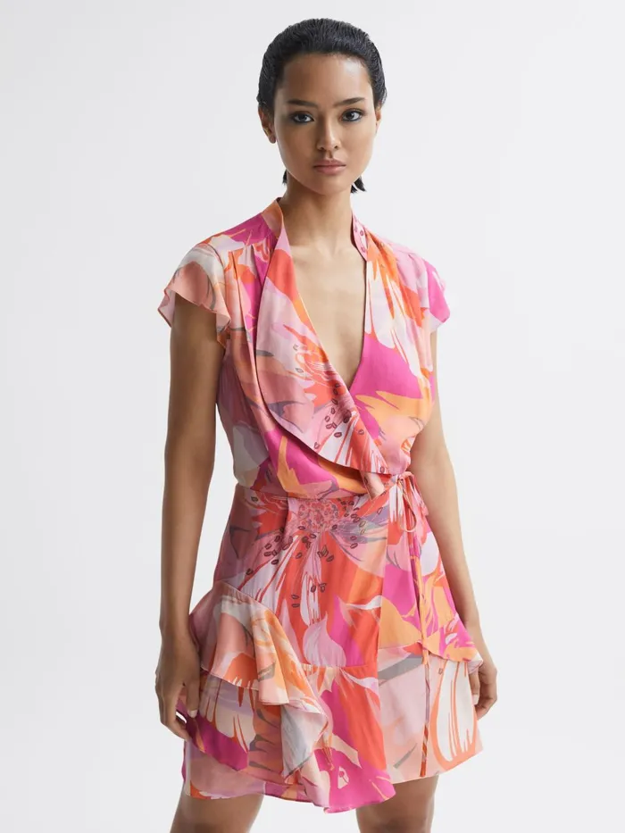 Women Marseille Tropical Print Layered Mini Dress Pinkcoral Reiss Dresses
