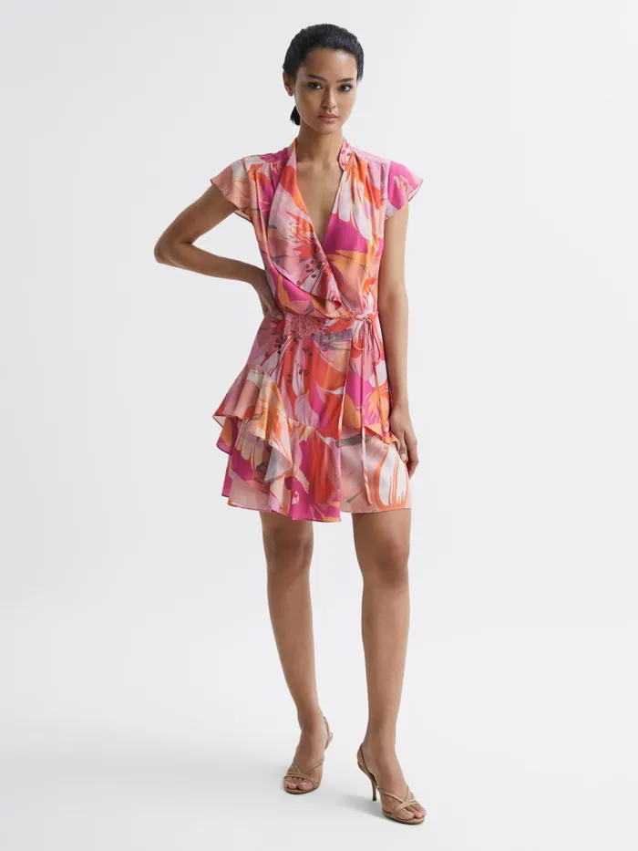 Women Marseille Tropical Print Layered Mini Dress Pinkcoral Reiss Dresses