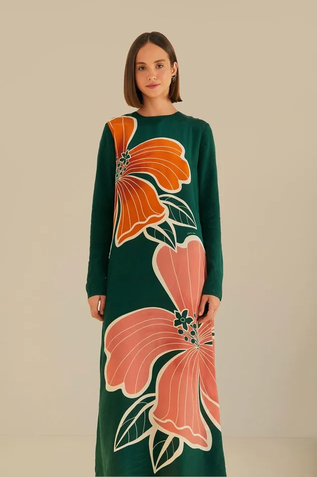 Women Maxi Dresses Farm Rio Green Honolulu Flowers Long Sleeve Maxi Dress