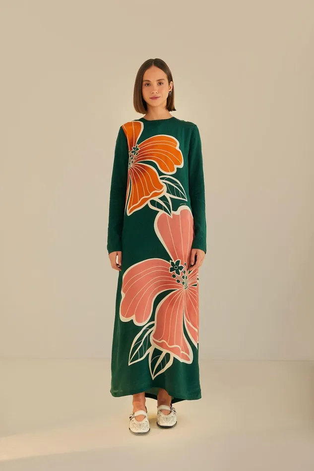 Women Maxi Dresses Farm Rio Green Honolulu Flowers Long Sleeve Maxi Dress