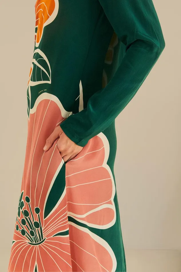 Women Maxi Dresses Farm Rio Green Honolulu Flowers Long Sleeve Maxi Dress