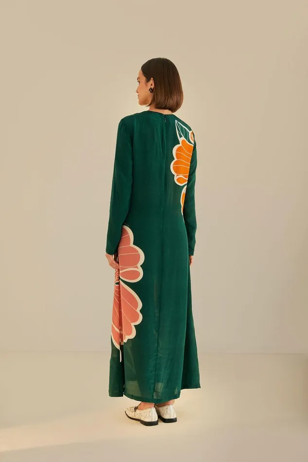 Women Maxi Dresses Farm Rio Green Honolulu Flowers Long Sleeve Maxi Dress