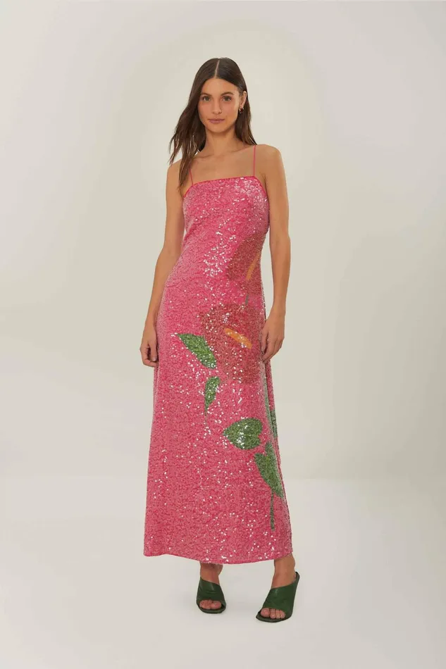 Women Maxi Dresses Farm Rio Pink Anthurium Flowers Slip Maxi Dress