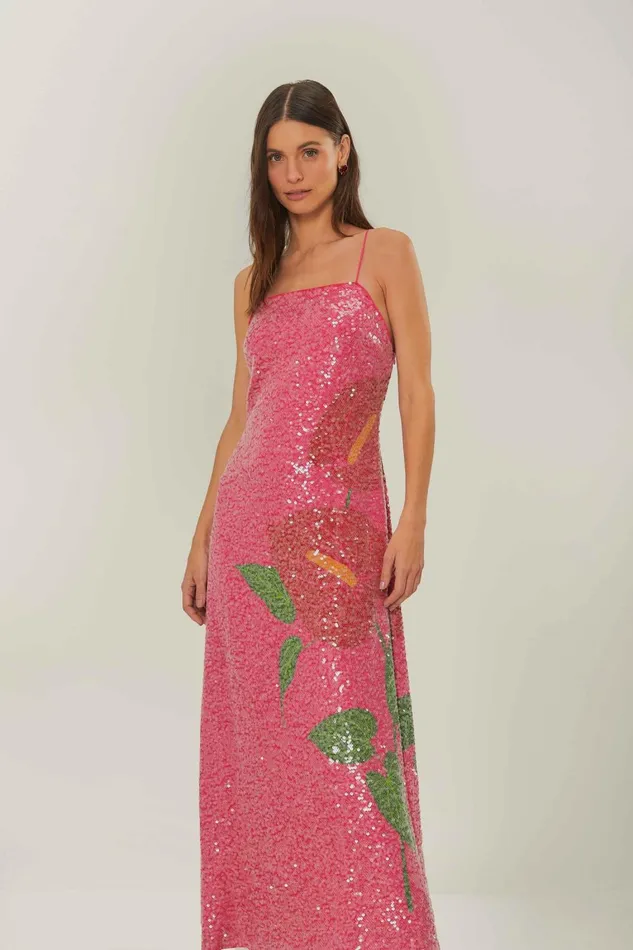 Women Maxi Dresses Farm Rio Pink Anthurium Flowers Slip Maxi Dress