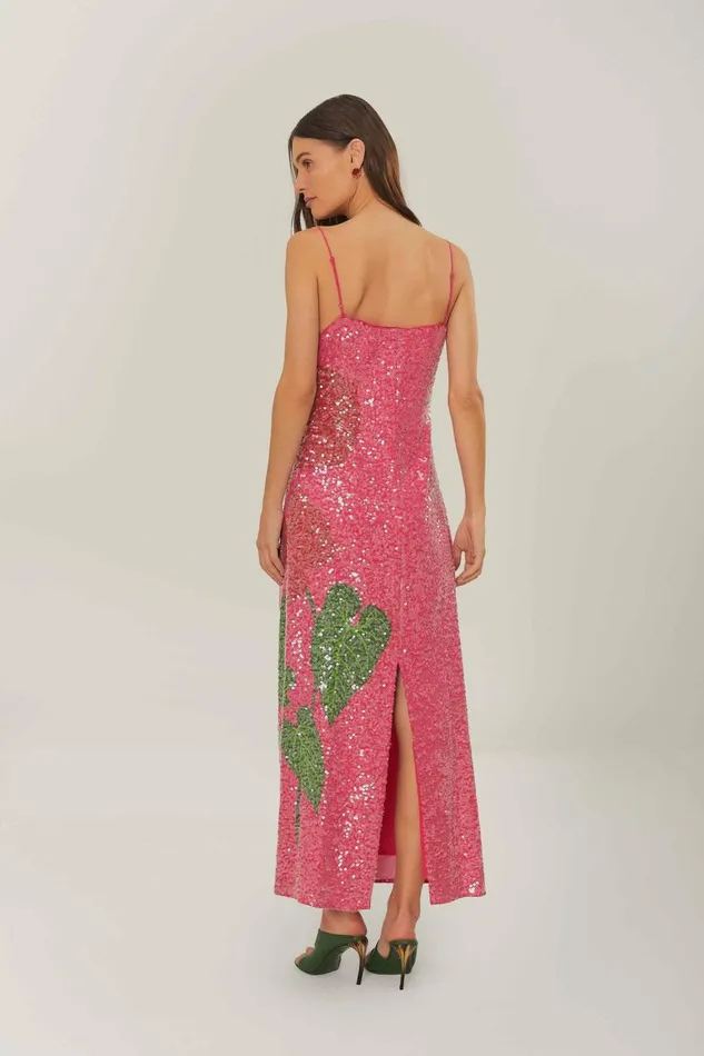 Women Maxi Dresses Farm Rio Pink Anthurium Flowers Slip Maxi Dress