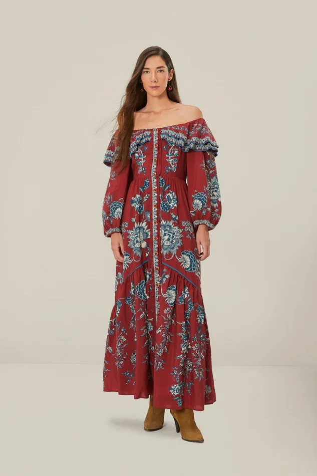 Women Maxi Dresses Farm Rio Red Tropical Landing Off Shoulder Maxi Dress