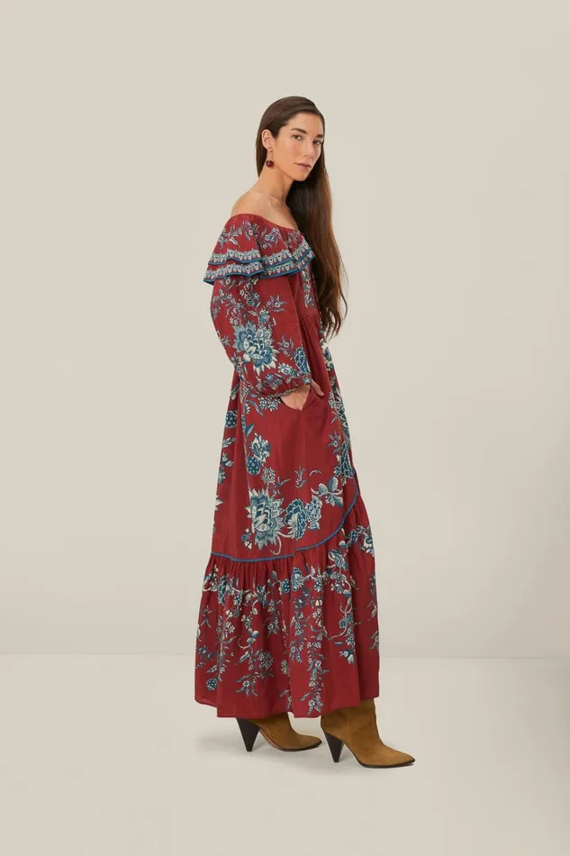 Women Maxi Dresses Farm Rio Red Tropical Landing Off Shoulder Maxi Dress