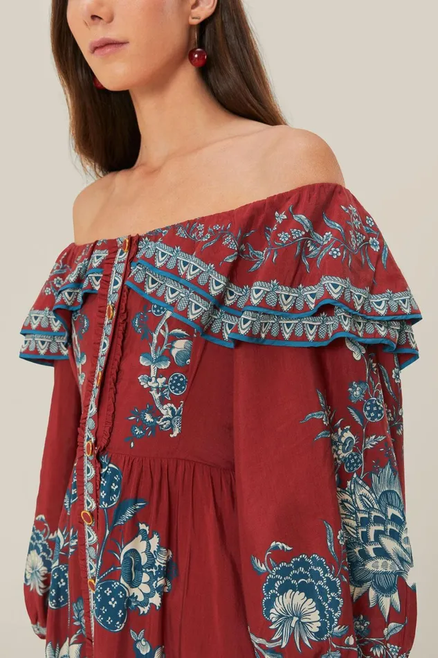 Women Maxi Dresses Farm Rio Red Tropical Landing Off Shoulder Maxi Dress