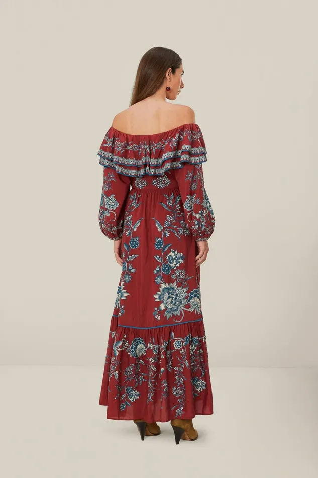 Women Maxi Dresses Farm Rio Red Tropical Landing Off Shoulder Maxi Dress