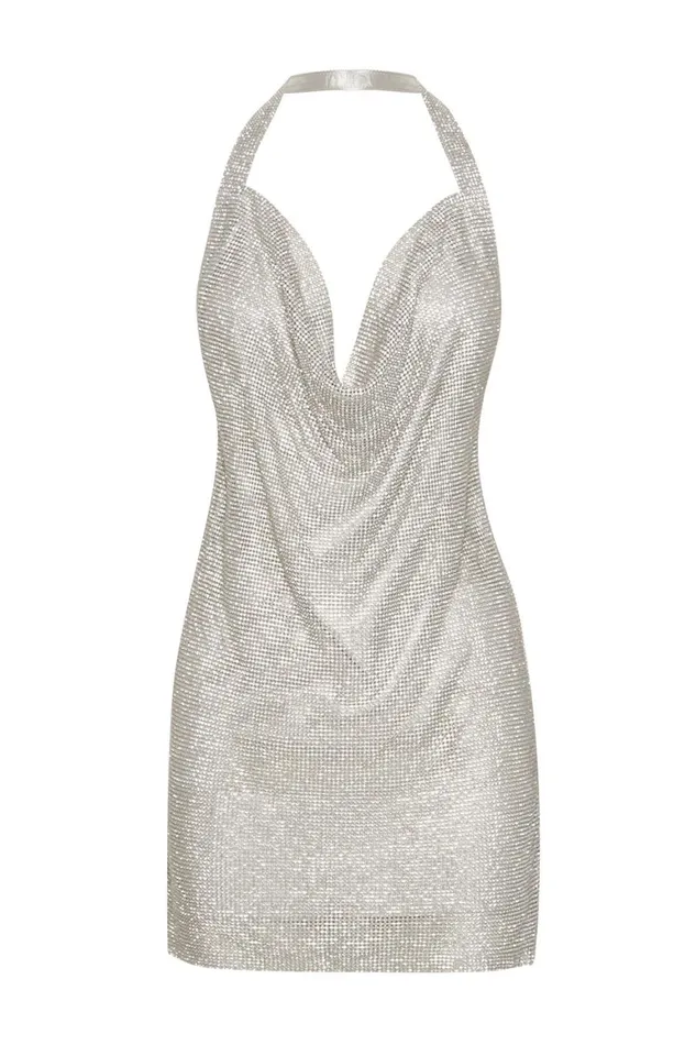 Women Meilani Low Back Diamante Mesh Mini Dress 8211 Silver Silver Meshki Mini Dresses