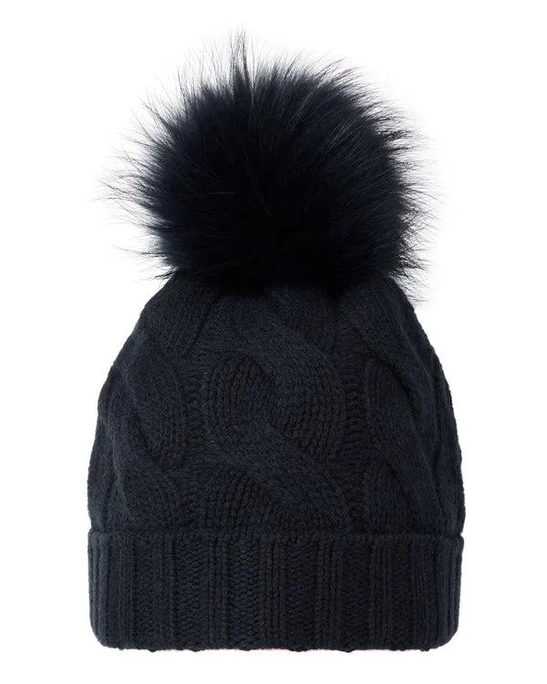 WomenMen Unisex Chunky Cable Cashmere Hat With PomIn Navy Blue Navy Blue NPeal Hats