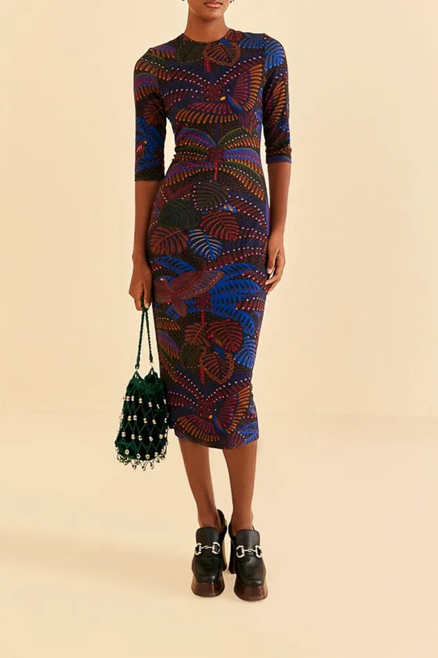 Women Midi Dresses Farm Rio Black Midnight Island Short Sleeve Midi Dress