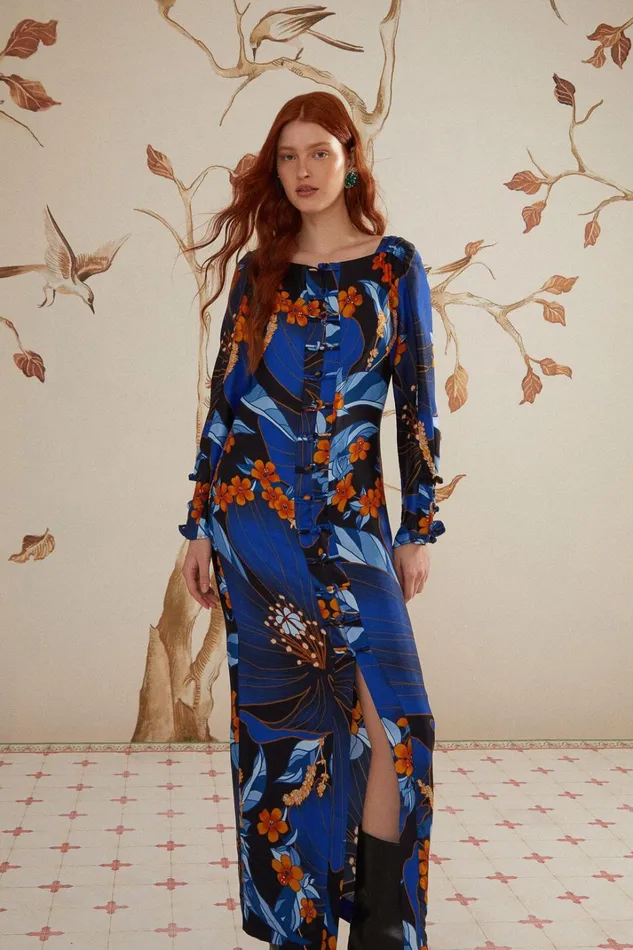Women Midi Dresses Farm Rio Black Pietra Floral Lenzing Ecovero Viscose Midi Dress