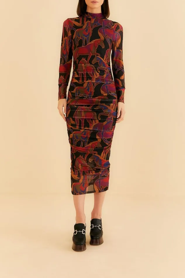 Women Midi Dresses Farm Rio Black Wild Horses Tulle Midi Dress