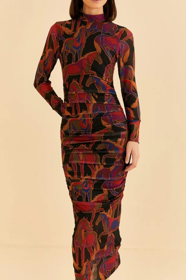 Women Midi Dresses Farm Rio Black Wild Horses Tulle Midi Dress