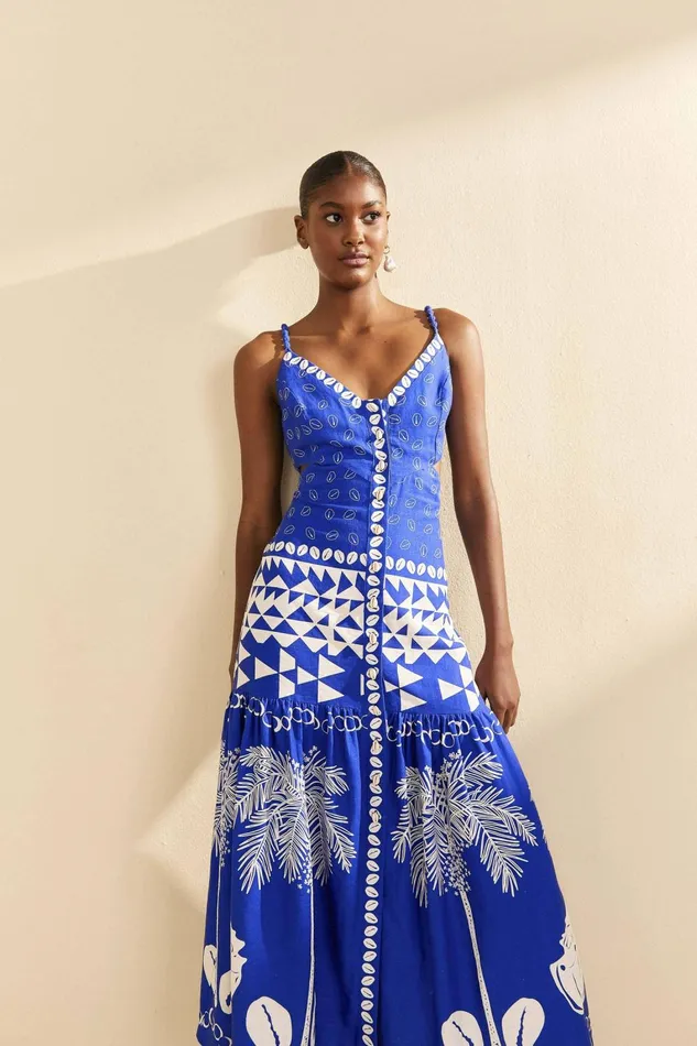 Women Midi Dresses Farm Rio Blue Mixed Ondina Midi Dress