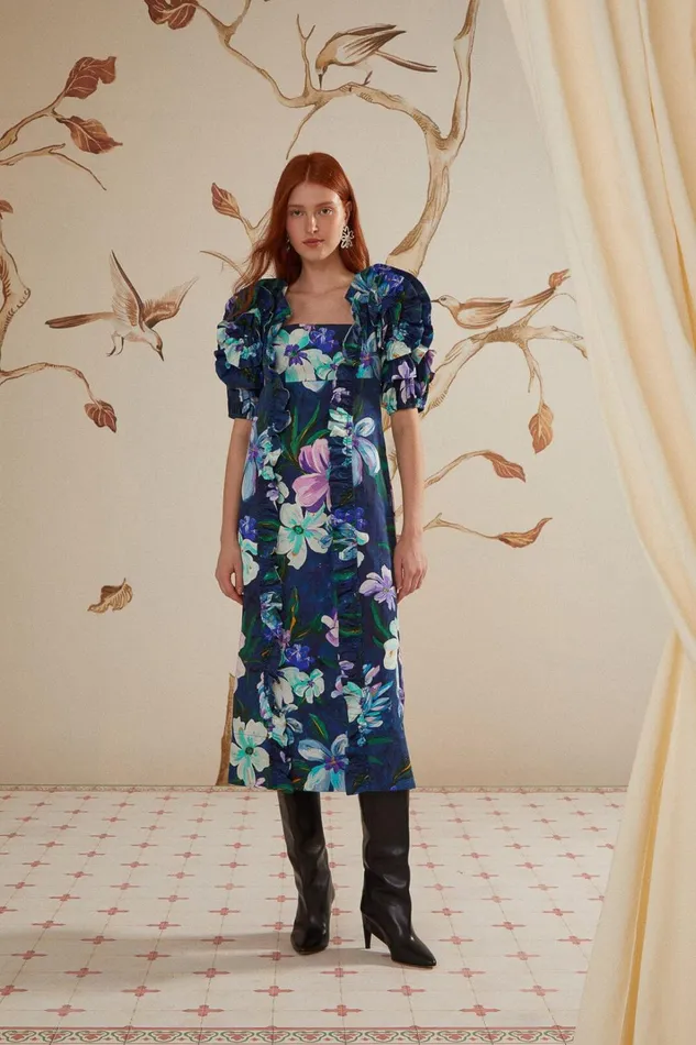 Women Midi Dresses Farm Rio Floraline Ruffle Short Sleeve Midi Dress
