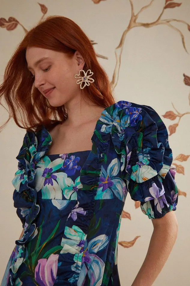 Women Midi Dresses Farm Rio Floraline Ruffle Short Sleeve Midi Dress