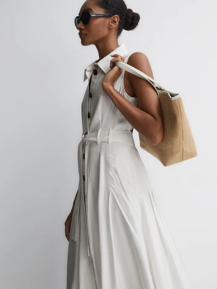 Women Milena Button Front Midi Dress Ivory Reiss Dresses