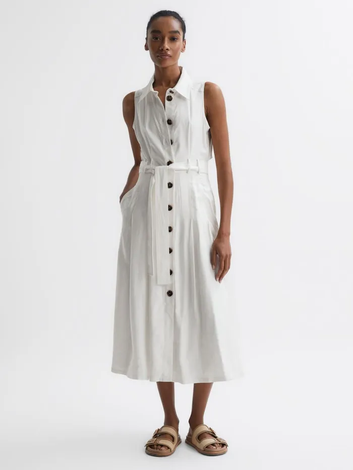 Women Milena Button Front Midi Dress Ivory Reiss Dresses