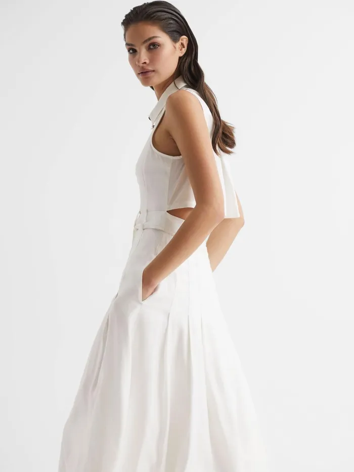 Women Milena Button Front Midi Dress Ivory Reiss Dresses