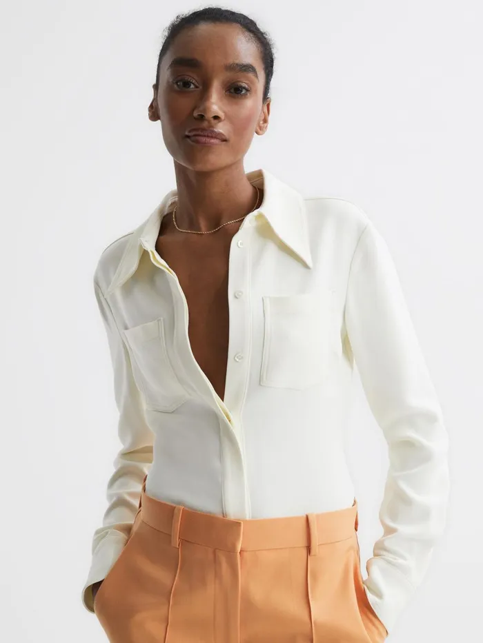 Women Natalia Stitch Detail Fitted Shirt Ivory Reiss Tops