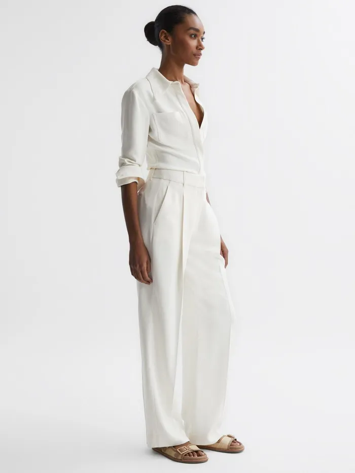 Women Natalia Wide Leg Pleated Trousers Cream Reiss Trousers