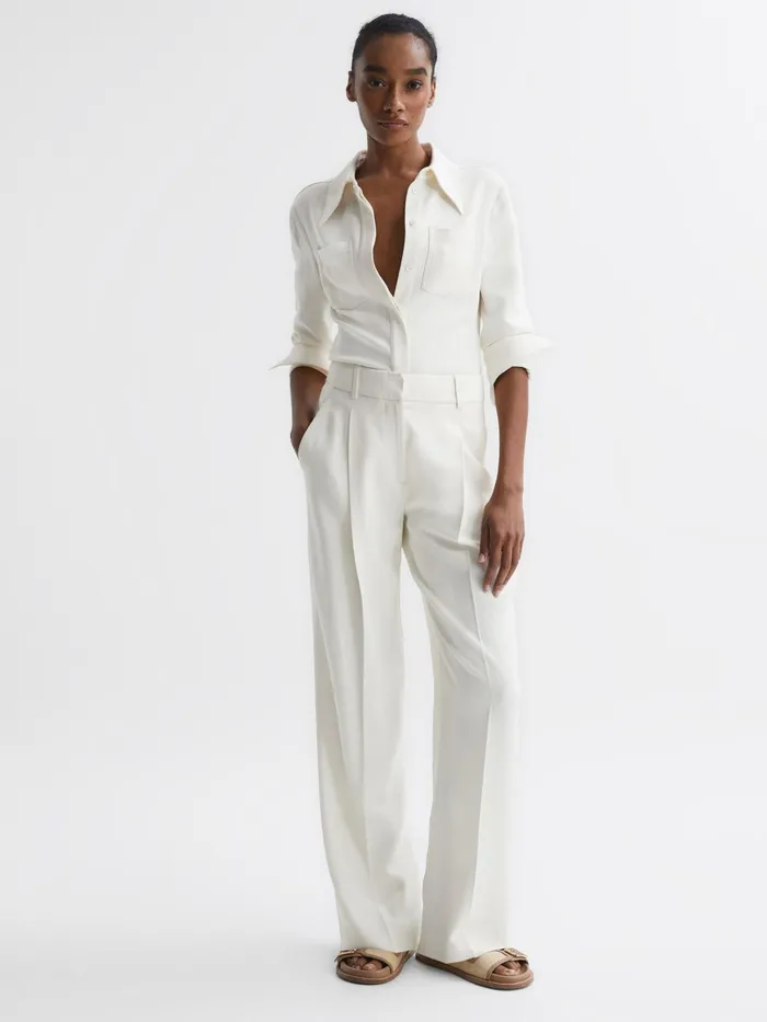 Women Natalia Wide Leg Pleated Trousers Cream Reiss Trousers