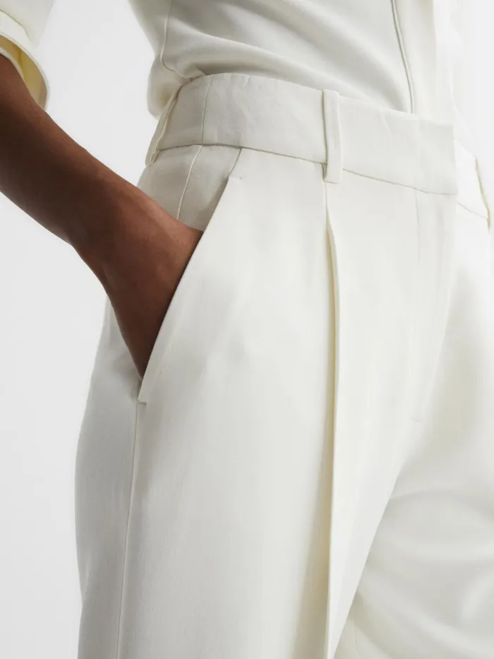 Women Natalia Wide Leg Pleated Trousers Cream Reiss Trousers
