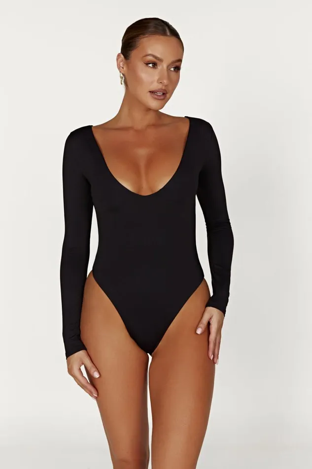 Women Nia Long Sleeve V Neck Bodysuit 8211 Black Black Meshki Bodysuits