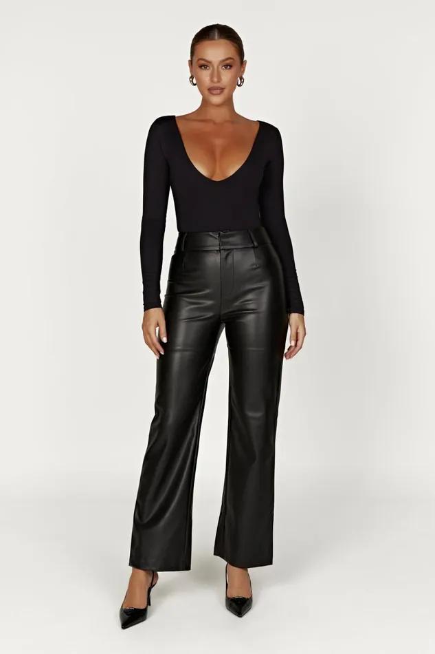 Women Nia Long Sleeve V Neck Bodysuit 8211 Black Black Meshki Bodysuits