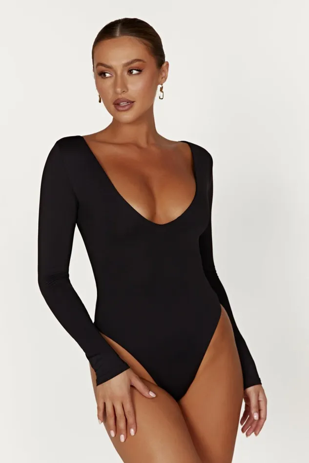 Women Nia Long Sleeve V Neck Bodysuit 8211 Black Black Meshki Bodysuits