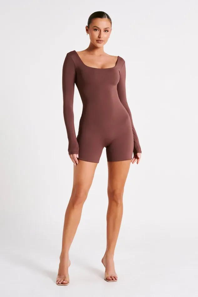 Women Oakley Recycled Nylon Long Sleeve Playsuit 8211 Mocha Mocha Meshki Jumpsuits and Rompers