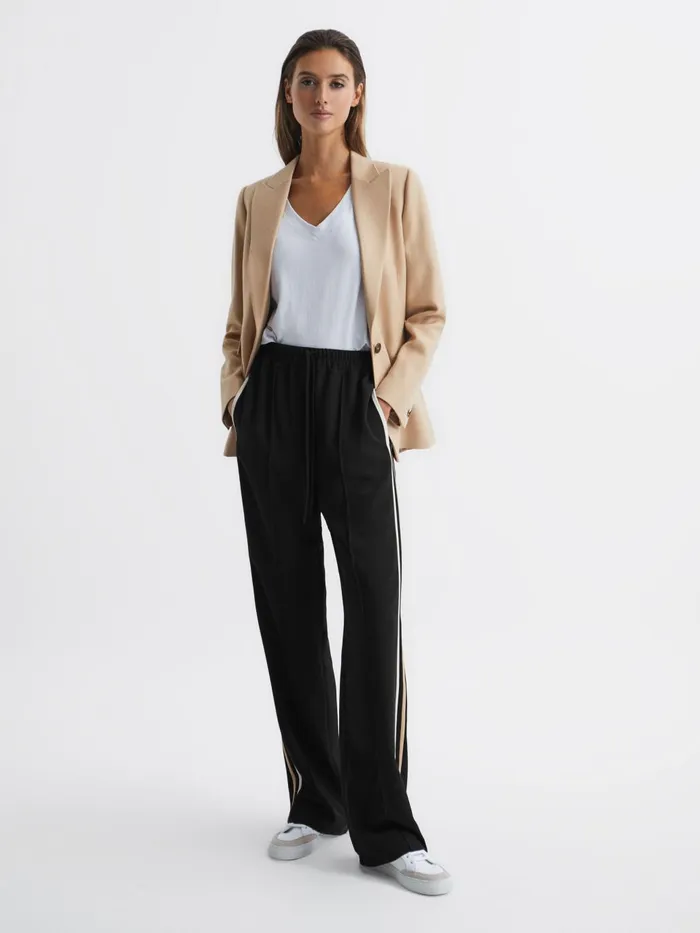 Women Odell Wide Leg Pull On Trousers Black Reiss Trousers
