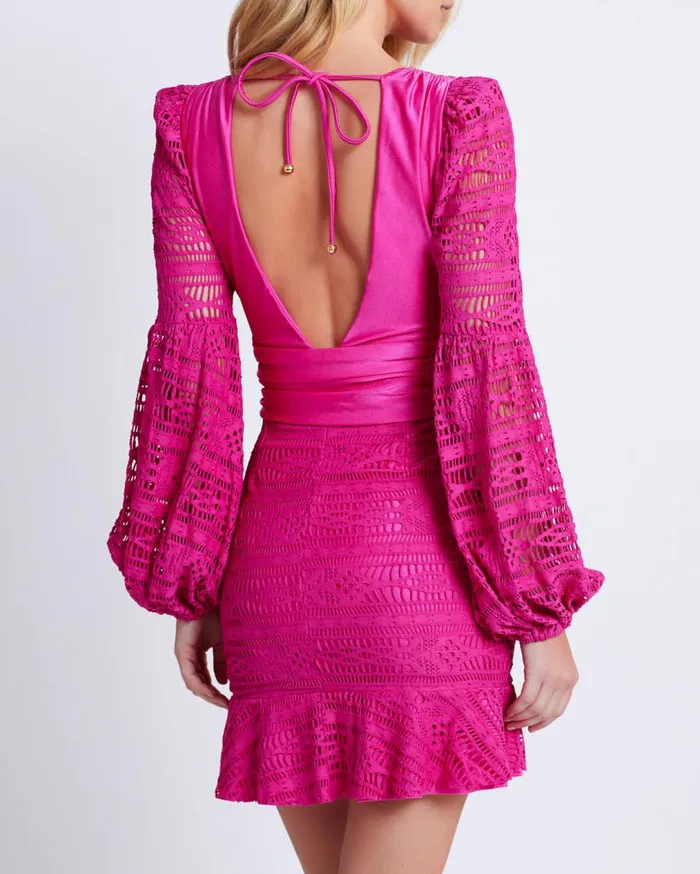 Women PatBO Beach Dresses CROCHET PLUNGE MINI DRESS EXCLUSIVE Flamingo