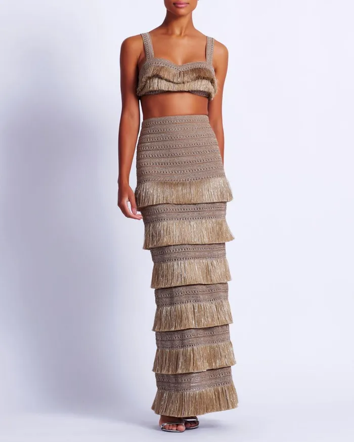 Women PatBO Bottoms Metallic Fringe Maxi Skirt Gold