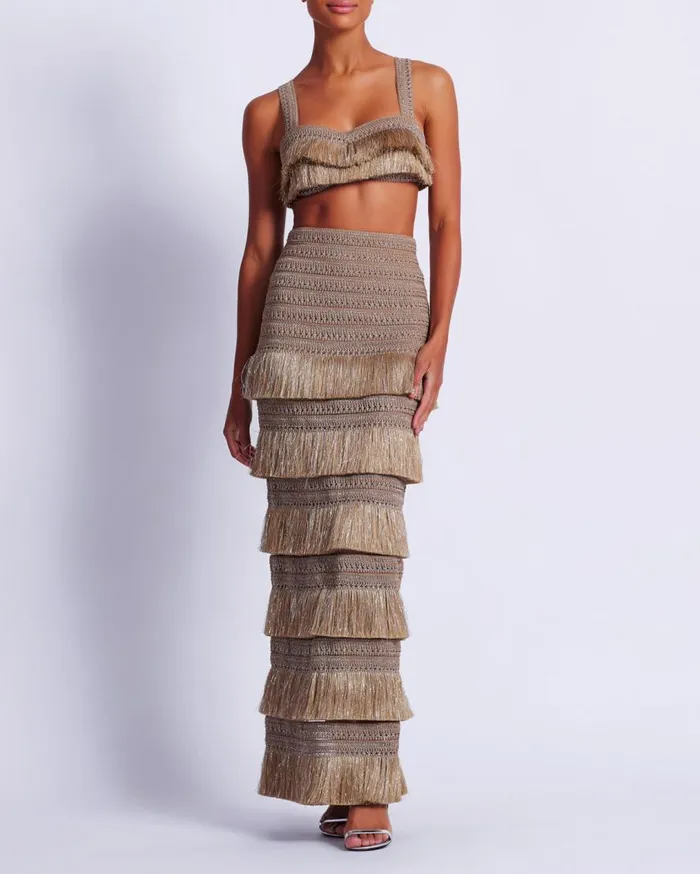Women PatBO Bottoms Metallic Fringe Maxi Skirt Gold Women PatBO Bottoms Metallic Fringe Maxi Skirt Gold