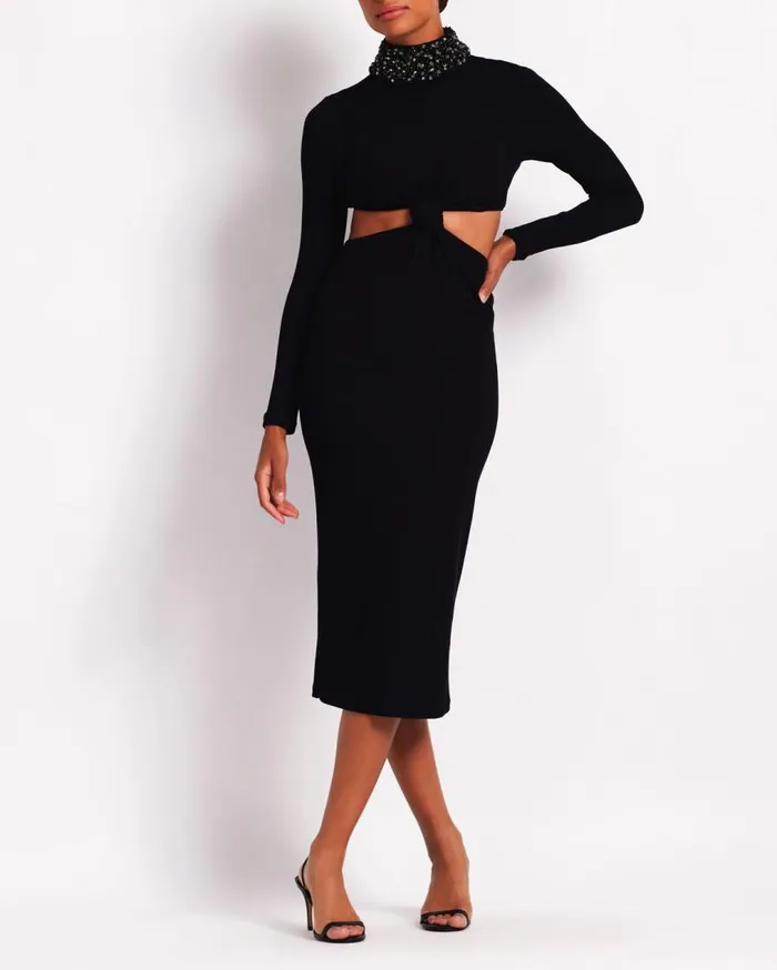 Women PatBO Dresses and Jumpsuits Beaded Collar Midi Dress FINAL SALE Black