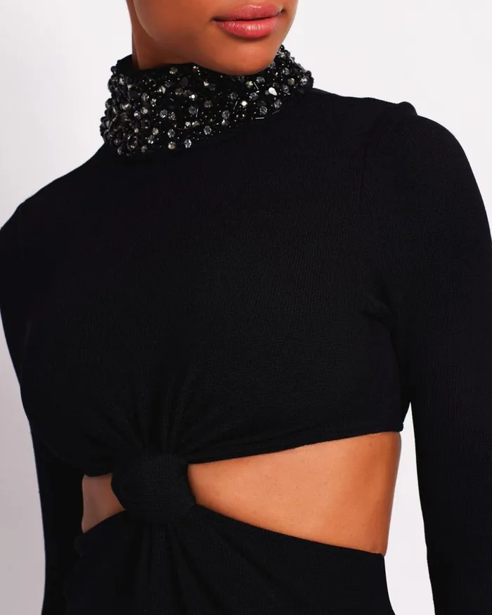 Women PatBO Dresses and Jumpsuits Beaded Collar Midi Dress FINAL SALE Black Women PatBO Dresses and Jumpsuits Beaded Collar Midi Dress FINAL SALE Black