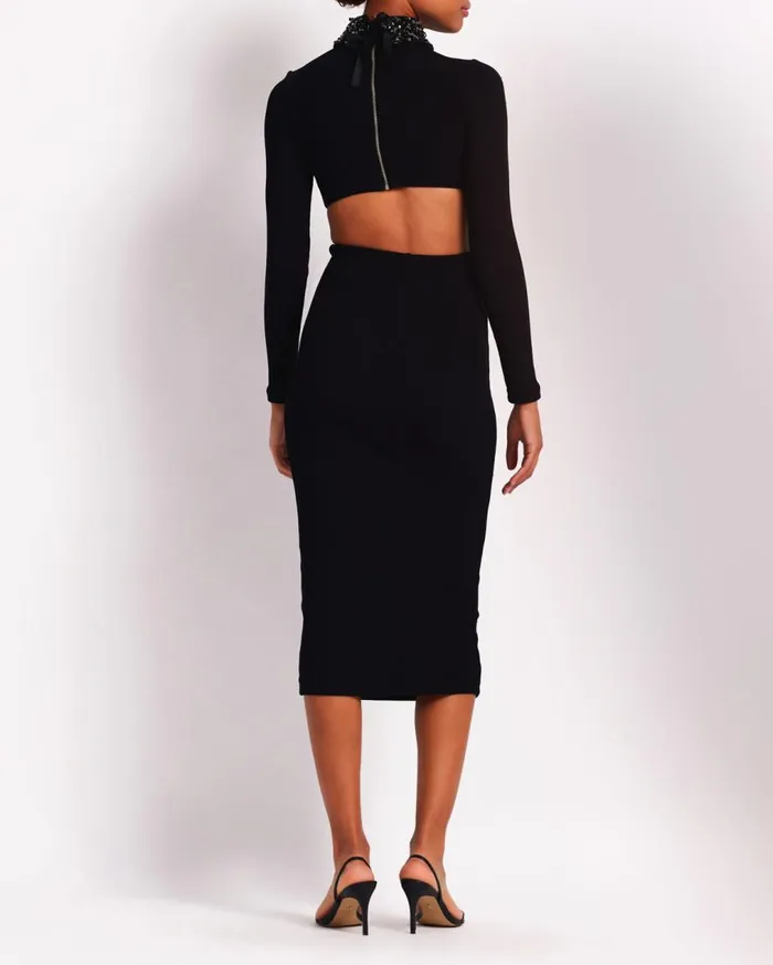 Women PatBO Dresses and Jumpsuits Beaded Collar Midi Dress FINAL SALE Black Women PatBO Dresses and Jumpsuits Beaded Collar Midi Dress FINAL SALE Black