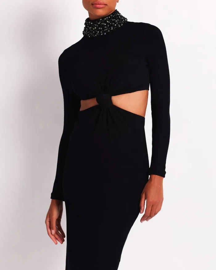 Women PatBO Dresses and Jumpsuits Beaded Collar Midi Dress FINAL SALE Black Women PatBO Dresses and Jumpsuits Beaded Collar Midi Dress FINAL SALE Black