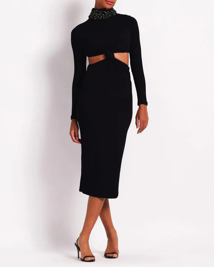 Women PatBO Dresses and Jumpsuits Beaded Collar Midi Dress FINAL SALE Black Women PatBO Dresses and Jumpsuits Beaded Collar Midi Dress FINAL SALE Black