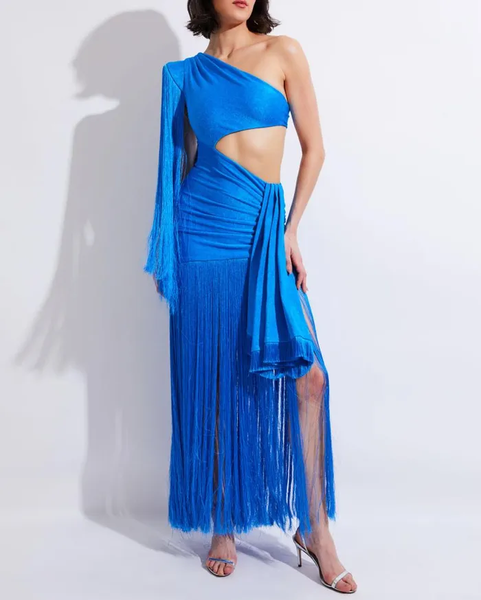 Women PatBO Dresses and Jumpsuits FRINGE TRIM ONE SHOULDER MAXI DRESS FINAL SALE Cobalt