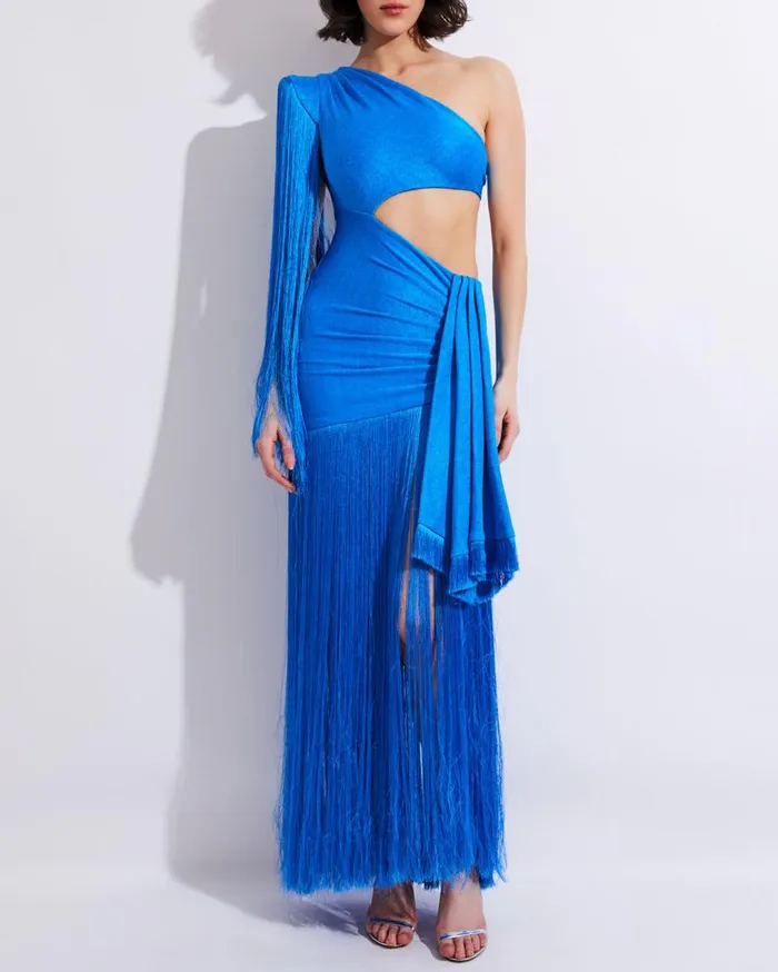 Women PatBO Dresses and Jumpsuits FRINGE TRIM ONE SHOULDER MAXI DRESS FINAL SALE Cobalt