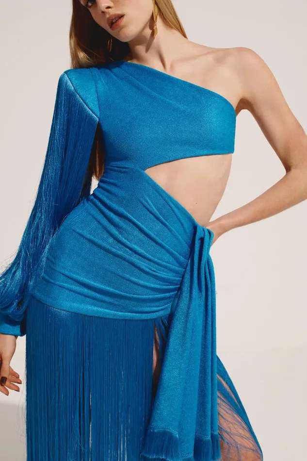 Women PatBO Dresses and Jumpsuits FRINGE TRIM ONE SHOULDER MAXI DRESS FINAL SALE Cobalt