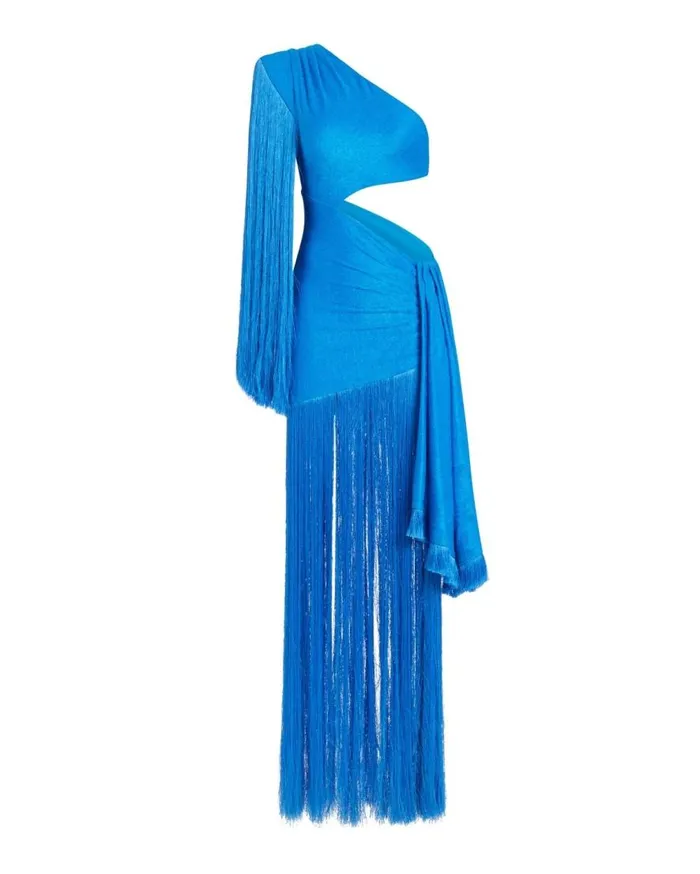 Women PatBO Dresses and Jumpsuits FRINGE TRIM ONE SHOULDER MAXI DRESS FINAL SALE Cobalt