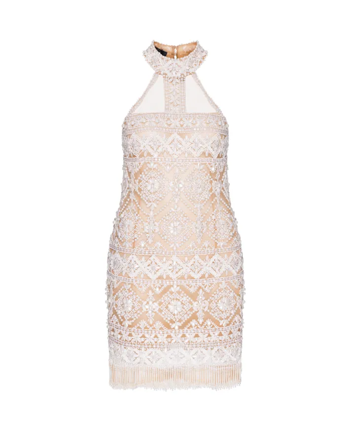 Women PatBO Dresses and Jumpsuits HandBeaded High Neck Mini Dress EXCLUSIVE White