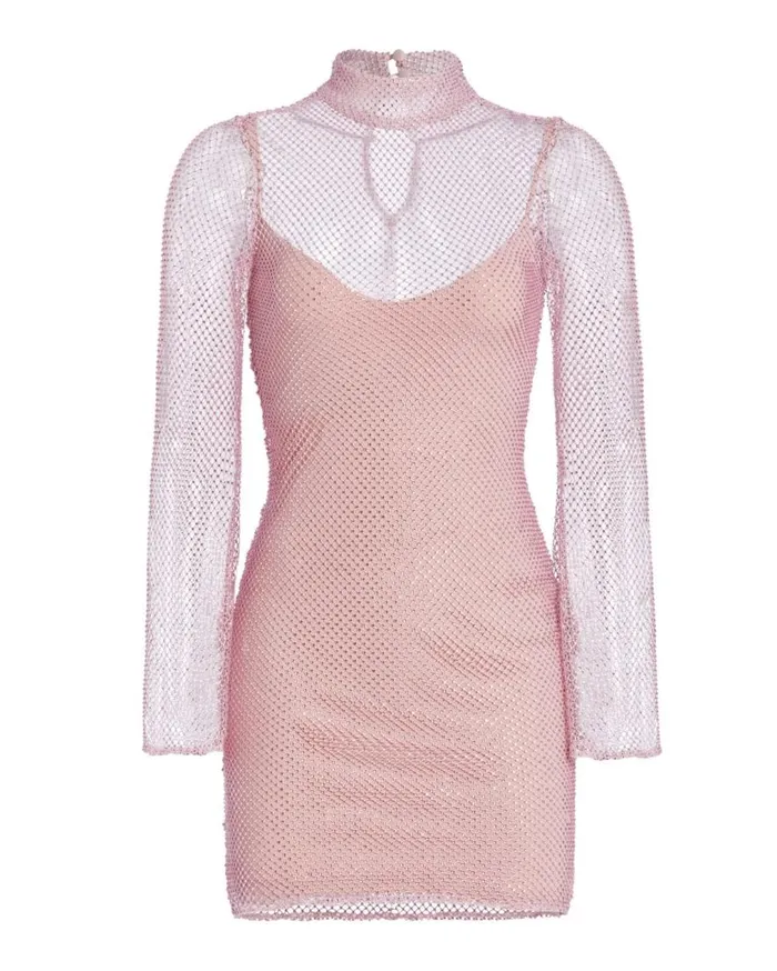 Women PatBO Dresses and Jumpsuits HandBeaded Rhinestone Netted Mini Dress FINAL SALE Light Pink